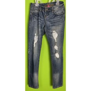Almost Famous Juniors Size3 Low Rise Blue Denim Stretch Distressed Jeans